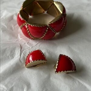 West Germany VTG Elastic Enamel Bracelet and Clip Earrings.